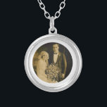 Photo Memorial Charm for Wedding Bouquet in White Silver Plated Necklace<br><div class="desc">Wedding Memorial Bouquet Charms. Remember those who cannot be with you on your special day with a memorial bridal charm. A lovely sentimental keepsake for the bride to carry in her bouquet. This charm has a black background with the phrase, "Forever in my Heart" and a place below for your...</div>