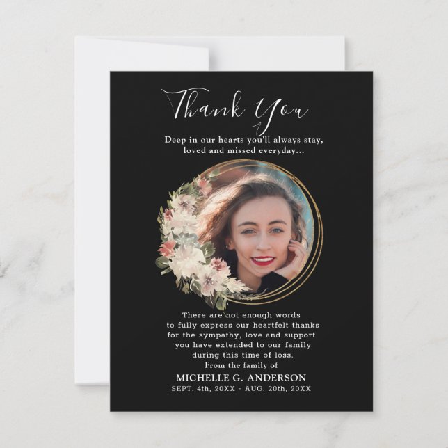Photo Memorial Floral Golden Thank You Card (Front)