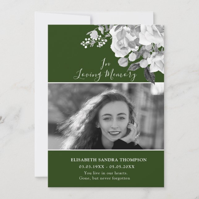 Photo Memorial Floral Green Roses Poem Card (Front)