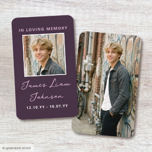 Photo Memorial Funeral Card Modern Script Eggplant