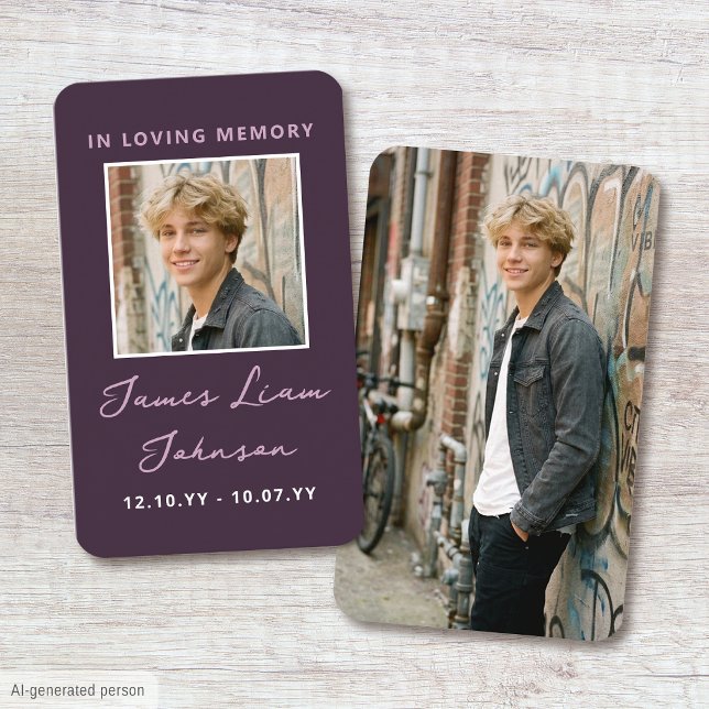 Photo Memorial Funeral Card Modern Script Eggplant (Creator Uploaded)