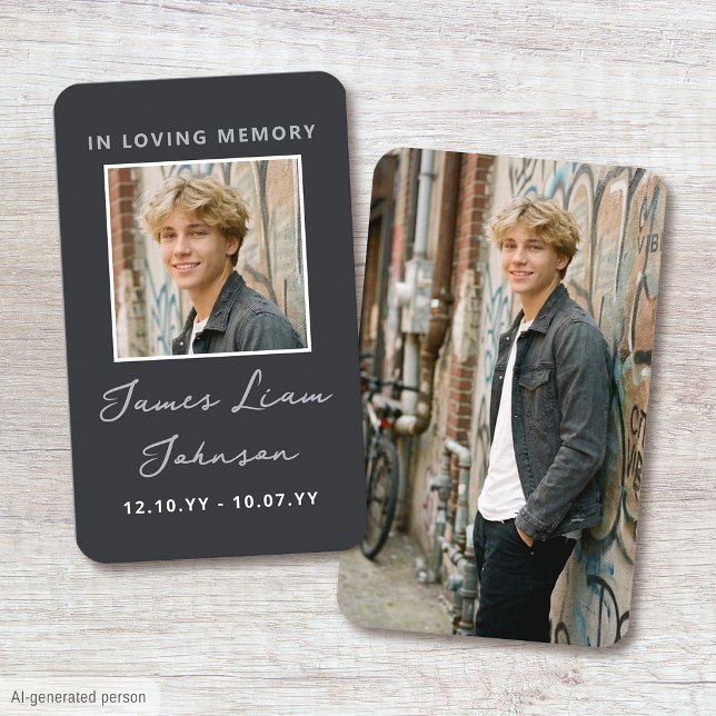 Photo Memorial Funeral Card Modern Script Grey (Creator Uploaded)
