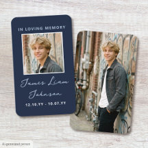 Photo Memorial Funeral Card Modern Script Navy
