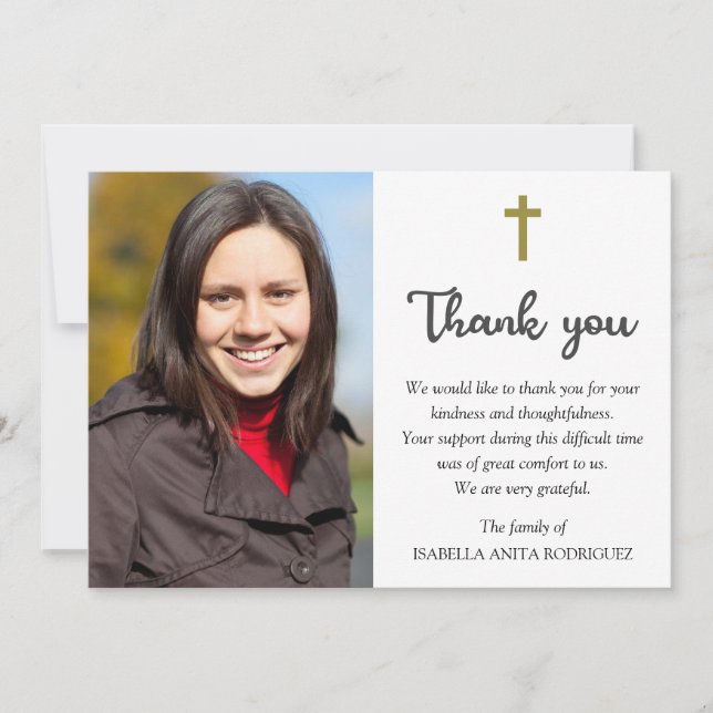 Photo Memorial Funeral Religious Christian Cross Thank You Card (Front)