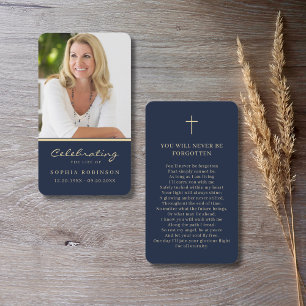 Photo Memorial Gold Script Blue Prayer Card