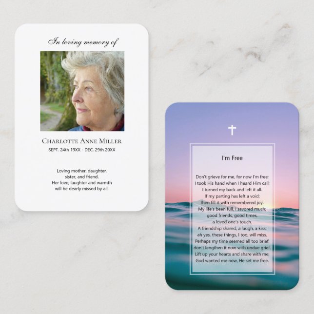 Photo memorial I'm Free prayer card (Front/Back)