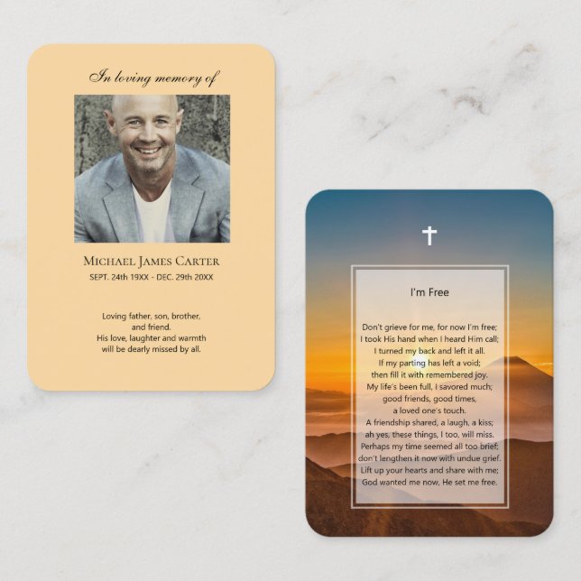 Photo memorial I'm Free prayer with cross card (Front/Back)