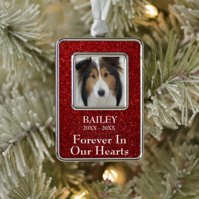 Photo Memorial Red Glitter Dog Silver Plated Framed Ornament (Tree)
