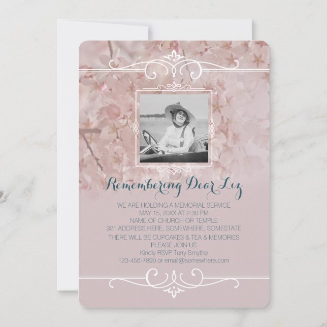 Photo Memorial Service Dusty Pink Cherry Blossoms Invitation (Back)