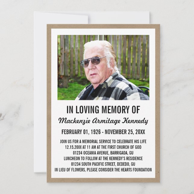 Photo Memorial Service or Funeral Invitations (Front)