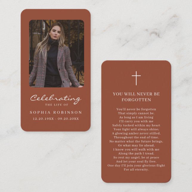Photo Memorial Terracotta Burnt Orange Prayer Card (Front/Back)