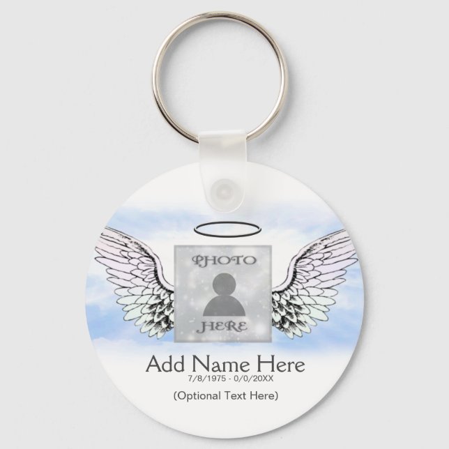 Photo Memorial with Angel Wings and Clouds Key Ring (Front)