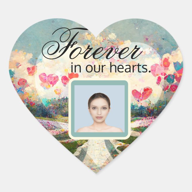 Photo Memorial with Heart and Flowers Heart Sticker (Front)