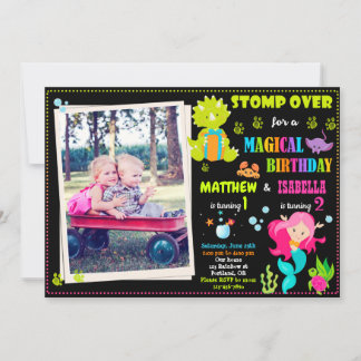 Photo Mermaid and Dinosaur birthday invitation