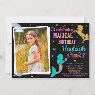 Photo Mermaid and Unicorn birthday invitation Girl