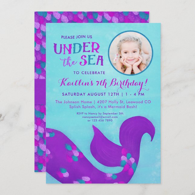 Photo Mermaid Birthday Invitations "Under the Sea" (Front/Back)