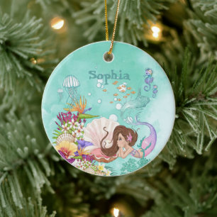 Photo Mermaid Dark Hair Pink Blue Cute Ceramic Ornament