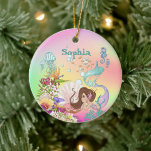 Photo Mermaid Dark Hair Pink Blue Cute Rainbow Ceramic Ornament