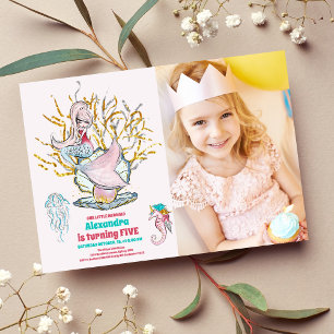 Photo Mermaid Gold Glitter Birthday Party Invitation