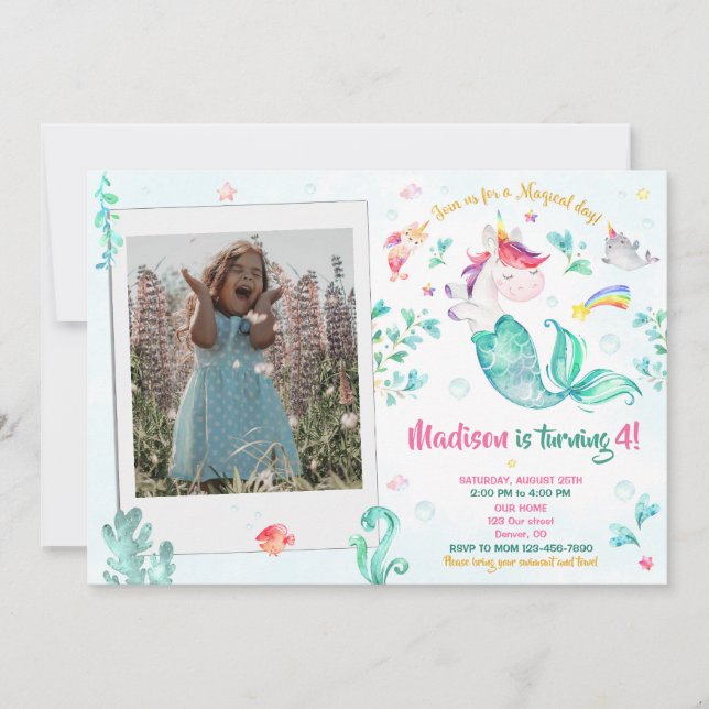 Photo mermicorn birthday invitation Girl Magical (Front)