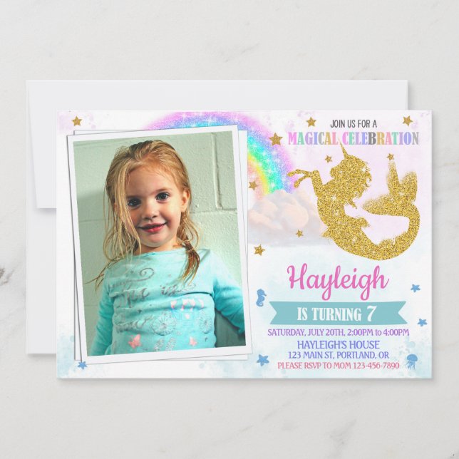 Photo Mermicorn birthday invitation Mericorn party (Front)