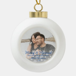 Photo Merry and Married First Christmas Snowflake Ceramic Ball Christmas Ornament