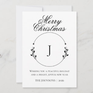 Photo Merry Christmas Black White Wreath Monogram Thank You Card