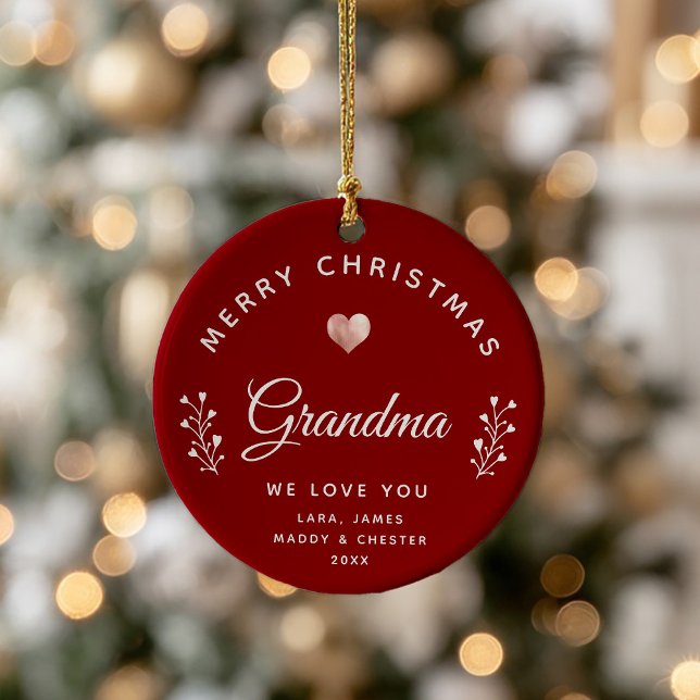 Photo Merry Christmas Grandma Rose Gold Maroon Ceramic Ornament (Creator Uploaded)