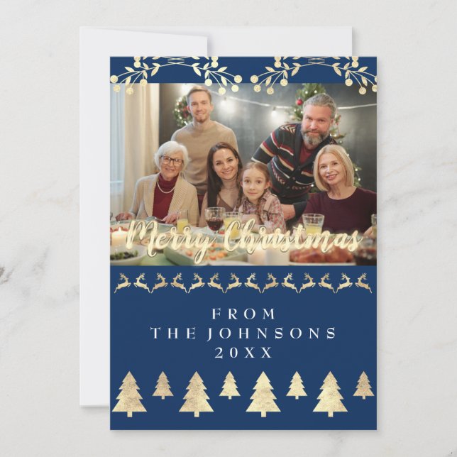 Photo Merry Christmas Happy New Year Navy Gold Holiday Card (Front)