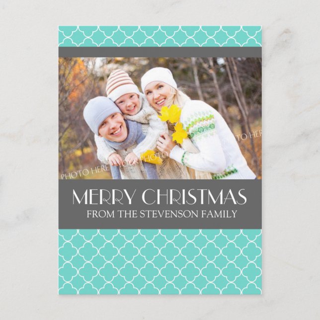 Photo Merry Christmas Postcard Teal Quatrefoil (Front)
