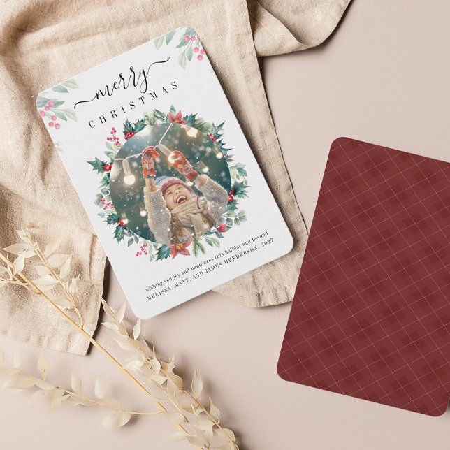 Photo Merry Christmas Red Berries Botanical Card (Red Berries Script Merry Christmas Photo Greetings Card)