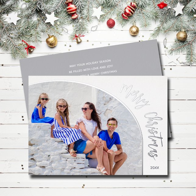 Photo Merry Christmas Script Foil Holiday Card (Merry Christmas REAL silver foil holiday photo cards)