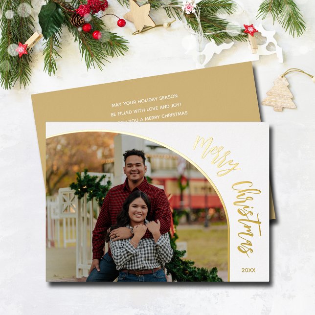 Photo Merry Christmas Script Gold Foil Holiday Card (Merry Christmas REAL gold foil holiday photo cards)