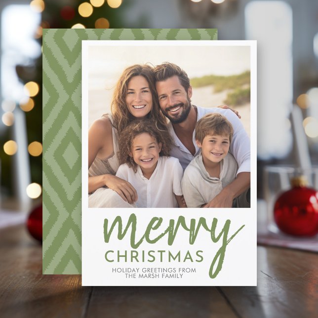 Photo Merry Christmas Script - Minimal Green Holiday Card (Modern Christmas Photo Greeting Card)