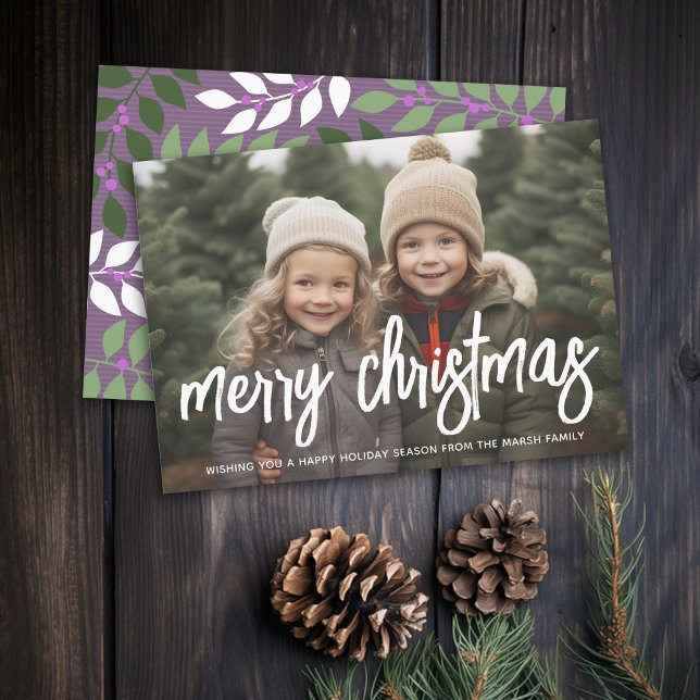 Photo Merry Christmas script white overlay purple Holiday Card (Rustic Modern Christmas Card with Type Overlay, Botanical Background - Print and Download Options)