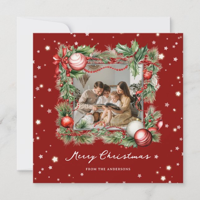 Photo Merry Christmas Wreath Stars Red Modern Holiday Card (Front)