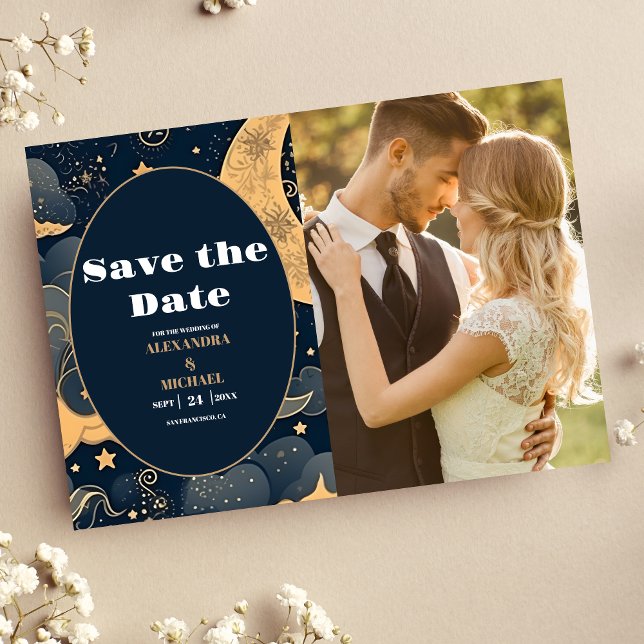 Photo Midnight Blue Gold Celestial Wedding Save The Date (Creator Uploaded)