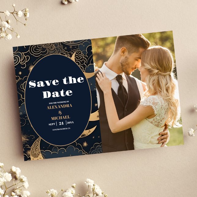 Photo Midnight Blue Gold Celestial Wedding Save The Date (Creator Uploaded)