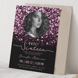 PHOTO Midnight Glam Sweet 16 Birthday Hot Pink Invitation
