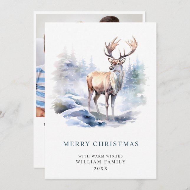 PHOTO Minimalist Elegant Deer Christmas Holiday Card (Front/Back)