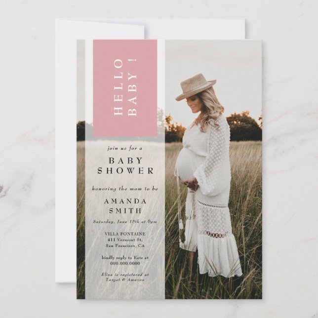 Photo Minimalist Pink Girl Hello Baby Shower Invitation (Front)