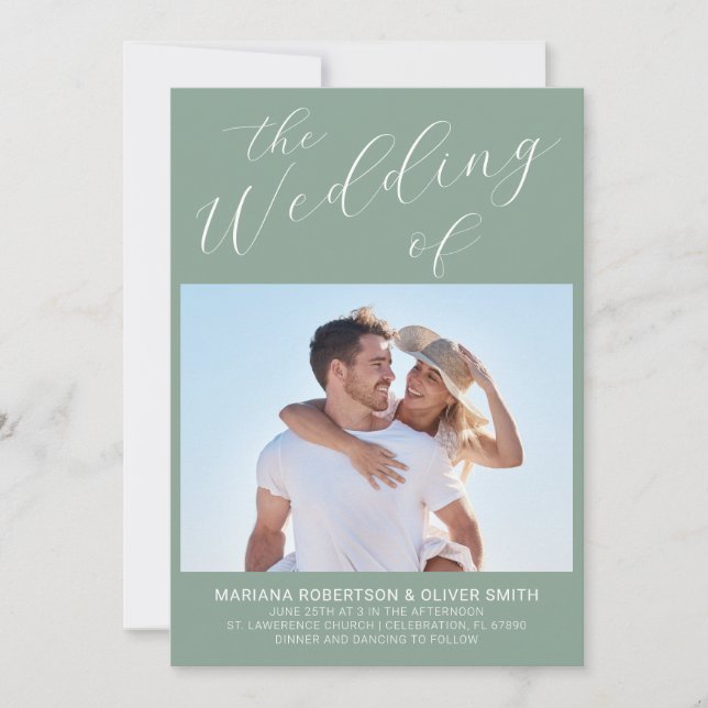 Photo Minimalist Sage Script Wedding Invitation (Front)
