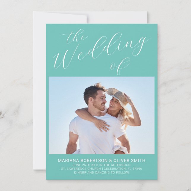 Photo Minimalist Teal Script Wedding Invitation (Front)