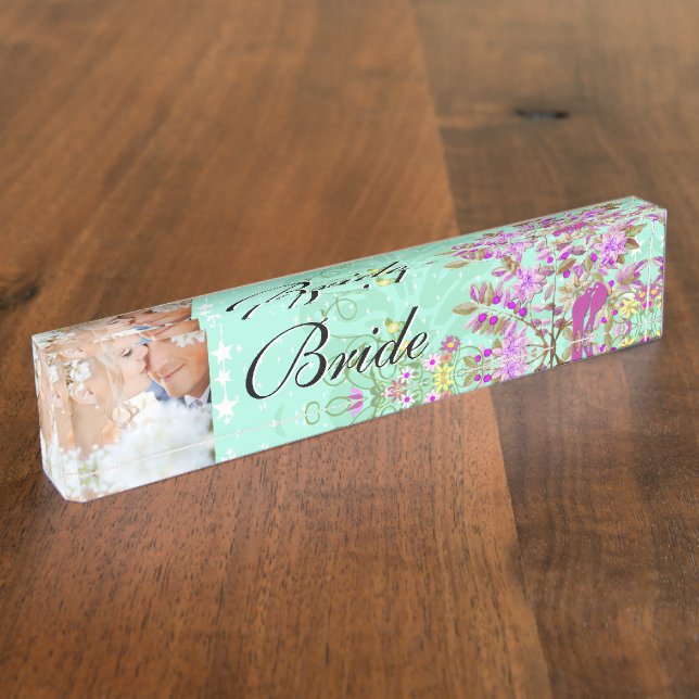 Photo Mint Radiant Purple Bride Love Bird Wedding Nameplate (Side)