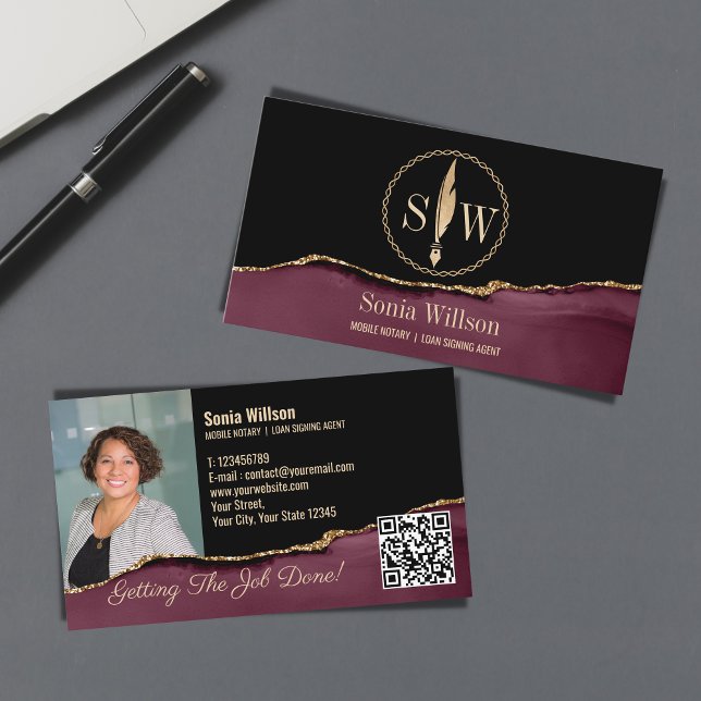 Photo Mobile Notary Loan Signing Monogram QR Code Business Card (burgundy and black marble notary logo stamp)