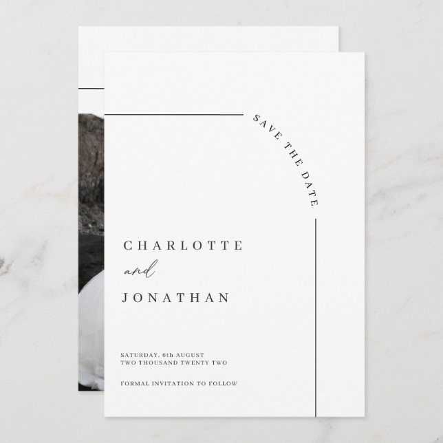 Photo Modern Arch Black and White Wedding Save The Date (Front/Back)