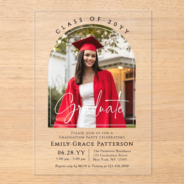 Photo Modern Arch Graduate Script Graduation Party Acrylic Invitations (Front)