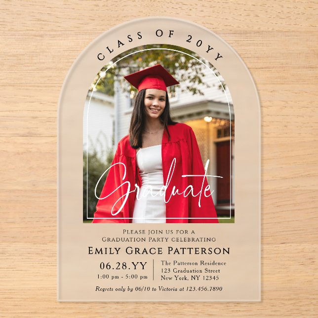 Photo Modern Arch Graduate Script Graduation Party Acrylic Invitations (Front)