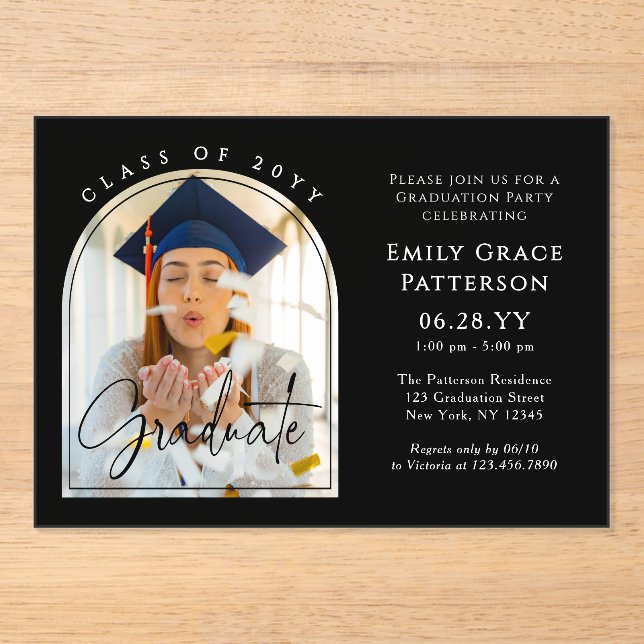 Photo Modern Arch Graduate Script Graduation Party Acrylic Invitations (Front)