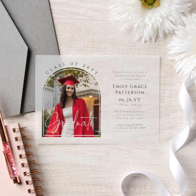 Photo Modern Arch Graduate Script Graduation Party Vellum Invitations (Wedding)